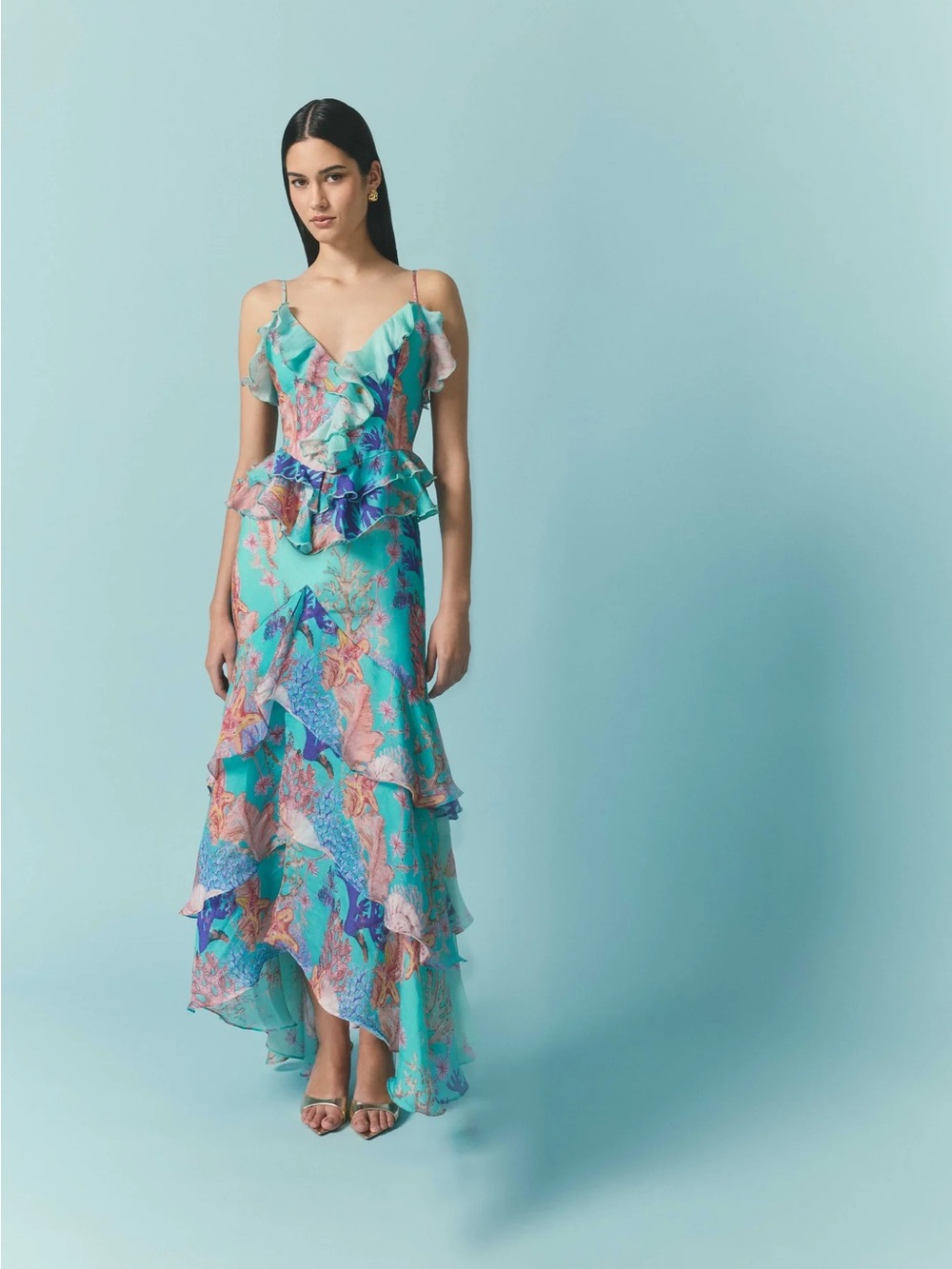 Elliatt Turquoise Coral Floral Ruffle Maxi Dress